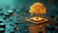 Golden tree grows from computer chip. Nature and tech merge on circuit board. Organic digital connection for future progress. New Royalty Free Stock Photo