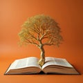 Golden tree grows from open book symbolizing knowledge and learning. Study growth and wisdom from ancient texts. Represents Royalty Free Stock Photo