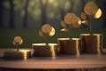 The golden tree grows on stacks of golden coins. Money saving concept, financial growth, money storage, business investment. Royalty Free Stock Photo