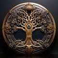 A golden tree of life on a black background, small decorative metal object with medieval pattern