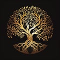 Golden Tree of Life over Black Background Banner Illustration , Sacred Tree Circular Shape, Generative AI Royalty Free Stock Photo