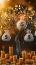 Golden tree with money bags, coins, symbolizing prosperity against warm background Royalty Free Stock Photo