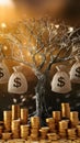 Golden tree with money bags, coins, symbolizing prosperity against warm background Royalty Free Stock Photo