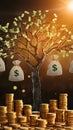 Golden tree with money bags, coins, symbolizing prosperity against warm background Royalty Free Stock Photo