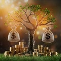 Golden tree with money bags, coins, symbolizing prosperity against warm background Royalty Free Stock Photo