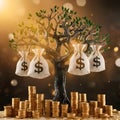 Golden tree with money bags, coins, symbolizing prosperity against warm background Royalty Free Stock Photo