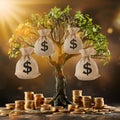 Golden tree with money bags, coins, symbolizing prosperity against warm background Royalty Free Stock Photo