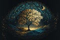 Golden tree with moon illustration on dark background. Generative AI Royalty Free Stock Photo