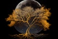 Golden tree with moon illustration on dark background. Mystical forest.generative ai Royalty Free Stock Photo