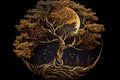 Golden tree with moon illustration on dark background. Mystical forest.generative ai Royalty Free Stock Photo