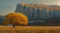 Golden tree in open field with massive rocky cliff backdrop Royalty Free Stock Photo