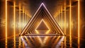 Golden triangular corridor with illuminating neon lines abstract architectural design. Generative AI Royalty Free Stock Photo