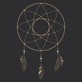 Golden tribal dream catcher native ornament with feathers hanging indian amulet on dark background. Royalty Free Stock Photo