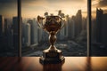 Golden Triumph: A Majestic Trophy on a Podium in a Cityscape Sunset