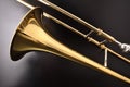 Golden trombone detail on a black wooden table