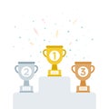 Golden trophies cup on podium. First, second, and third place. Concept of winner, victory, success, leadership, prize. Vector Royalty Free Stock Photo