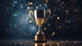 golden trophy award bokeh soft blue background copy space for text Winner or 1st place gold trophy award concept Royalty Free Stock Photo