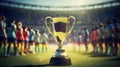 Golden trophy, award standing in green grass, tennis field with sportsmen over blurred tribune with fans