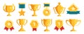 Golden trophy and awards icons. Competition achievement medal flat design, trophy cup and medal ribbons for award