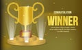 Golden trophy with golden background on the podium. winner announcement. poster template. web promotion.