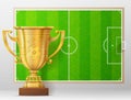 Golden trophy cup against soccer pitch