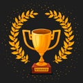 Golden trophy cup on dark background. First place winner award with gold laurel wreath and shiny dust. Champion s Gold Royalty Free Stock Photo