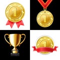 Golden trophy cup, gold medal red ribbon Royalty Free Stock Photo