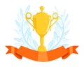 Golden trophy cup with laurel wreath and red ribbon. Award for first place in a competition. Celebratory prize and Royalty Free Stock Photo