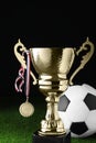 Golden trophy cup, soccer ball and medal on field Royalty Free Stock Photo