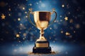 Golden trophy cup with stars and bokeh background. 3D rendering, Champion golden trophy with gold stars on a dark blue background