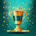 golden trophy cup with stars and confetti on a green background Royalty Free Stock Photo