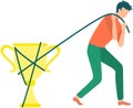 Golden trophy cup, symbol of victory, man drags an award tied with rope, undeserved promotion