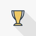 Golden trophy Cup thin line flat color icon. Linear vector symbol. Colorful long shadow design.