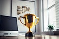 Golden trophy cup on wooden table in modern office