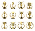 Golden trophy cups. Gold goblets and figures with laurel wreath. Vector realistic sports prize or business awards