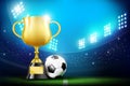 Golden trophy cups and Soccer ball football stadium greeen grass field 001 Royalty Free Stock Photo