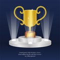 Golden trophy with dark blue background on the podium. winner announcement. poster template. web promotion.