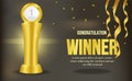 Golden trophy with golden background and golden ribbon. winner announcement. poster template. web promotion.