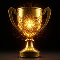 Golden trophy with ornate design and angular handles, glowing from within and Royalty Free Stock Photo