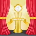 Golden trophy on the podium. announcement winner template with red curtain. success story. vector illustration.