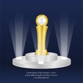 Golden trophy on the podium with dark blue background. announcement winner template. success story. vector illustration.