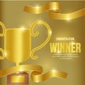 Golden trophy on the podium with golden background. announcement winner template. success story. vector illustration.