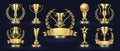 Golden trophy. Realistic champion award, contest winner prizes with laurel shapes, 3d awards banner. Vector golden cup