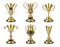 Golden trophy. Realistic isolated cup, award design templates, 3D contest winner star prize. Vector golden reward set