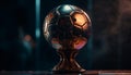 Golden trophy shines in dark, symbol of success in competition generated by AI