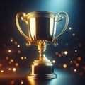 Golden trophy sits to be claimed with bokeh light effects