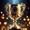 Golden trophy sits to be claimed with bokeh light effects