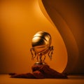 a golden trophy sits on top of a rock in front of an orange background