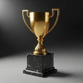 A golden trophy with a sleek, polished surface and two angular handles is prominently displayed. It Royalty Free Stock Photo