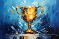 Golden trophy and streamers in sport competition with blue background. Palette knife oil painting. Generative AI